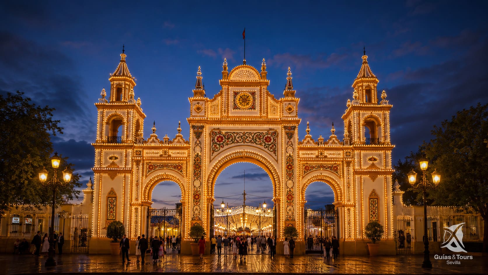 Portada de la Feria de Abril de Sevilla iluminada al anochecer